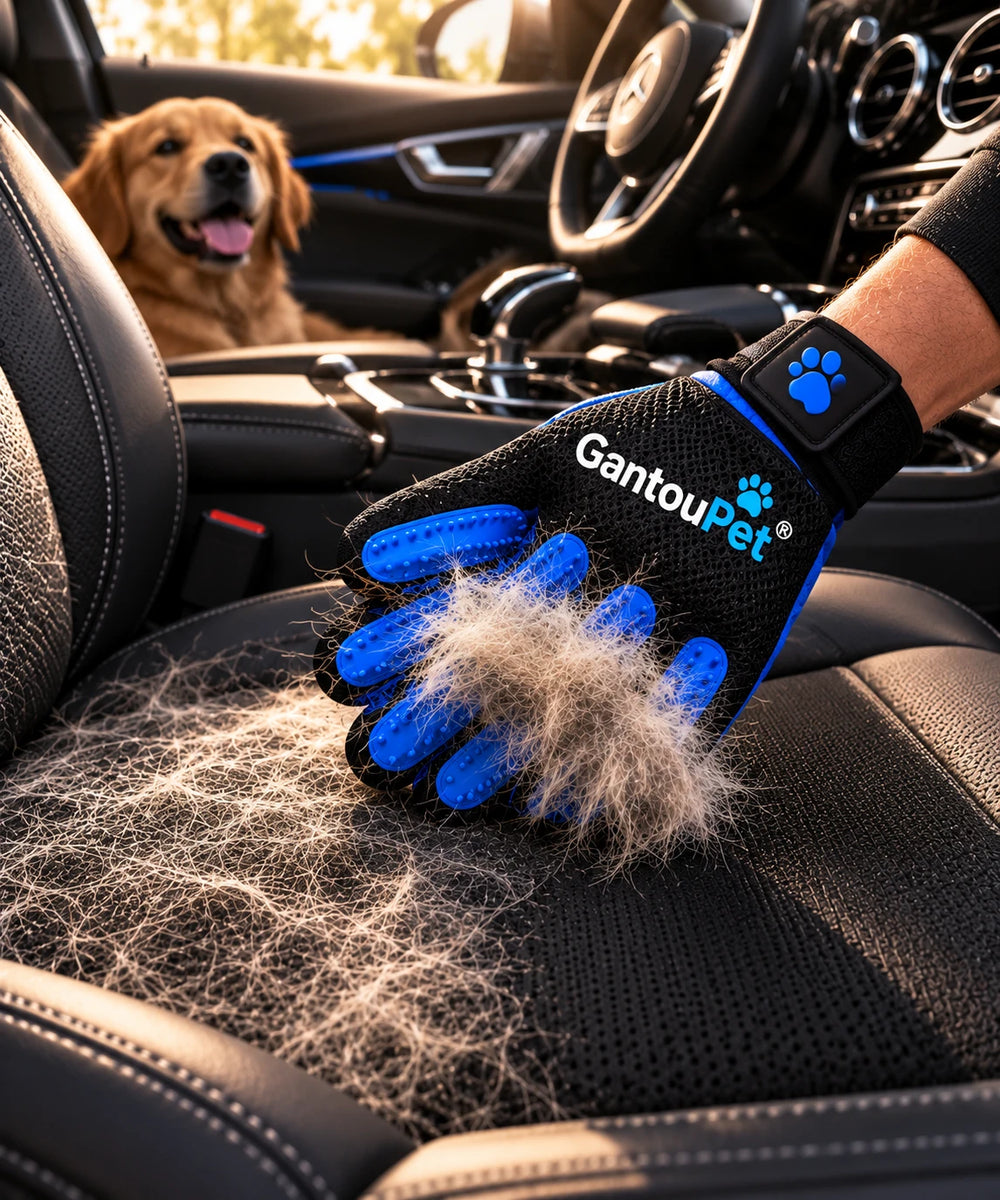 Le gant GantouPet retire les poils de chien sur un siège de voiture en tissu