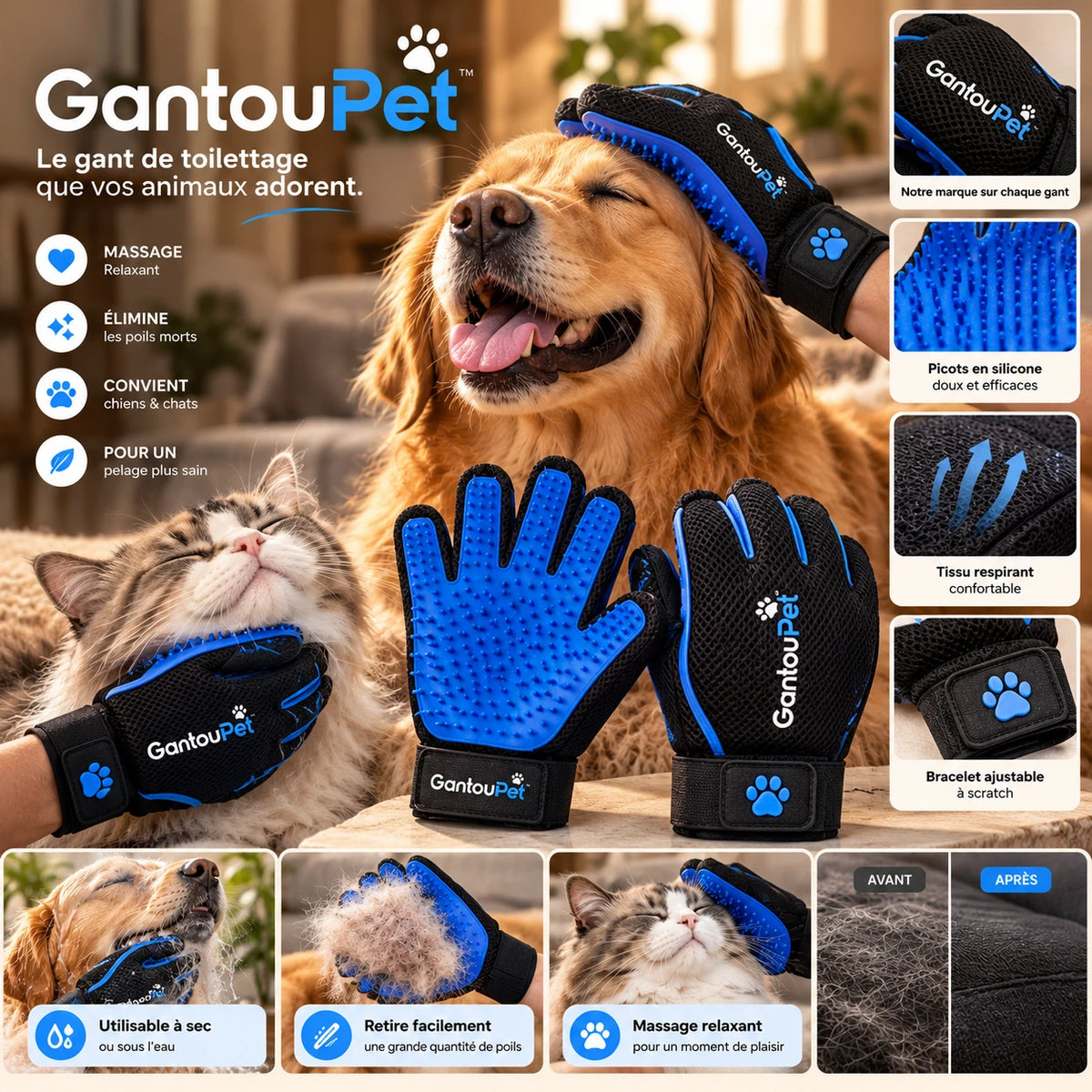 Caractéristiques du gant GantouPet : massage relaxant, élimine les poils morts, chiens et chats, pelage plus sain