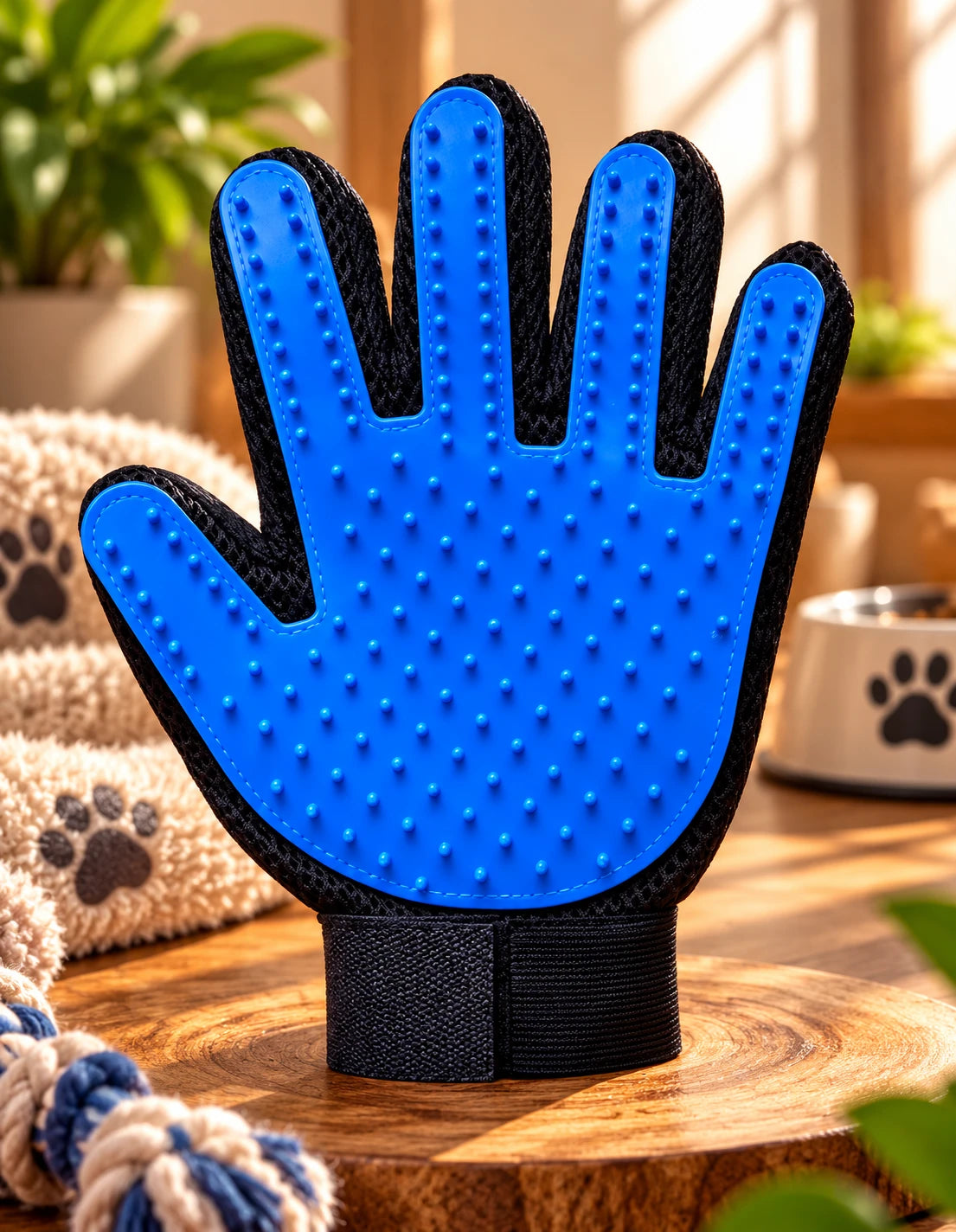 Gant de toilettage GantouPet bleu, picots en silicone souple, vue de la paume