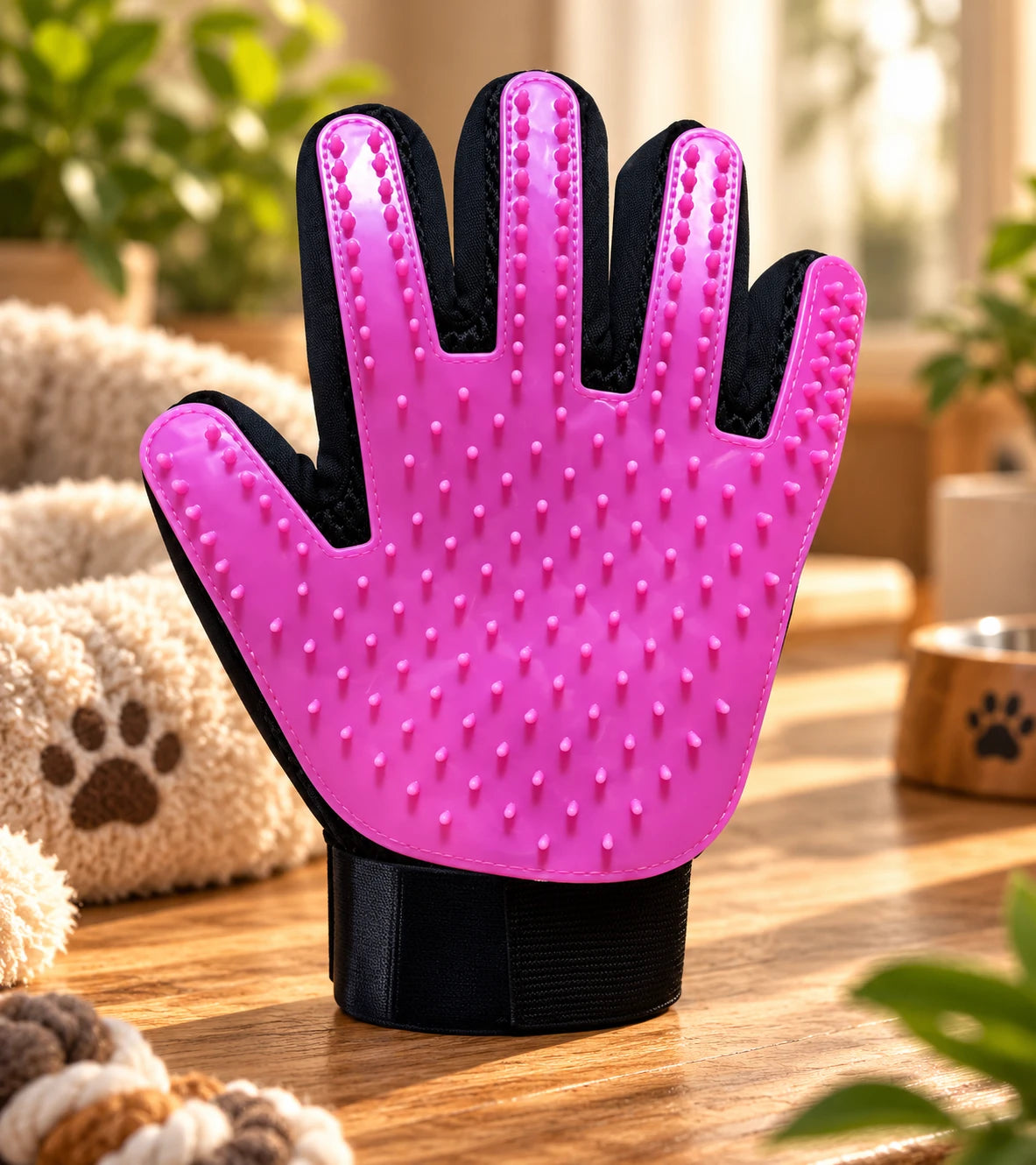 Gant de toilettage GantouPet rose, picots en silicone souple, vue de la paume