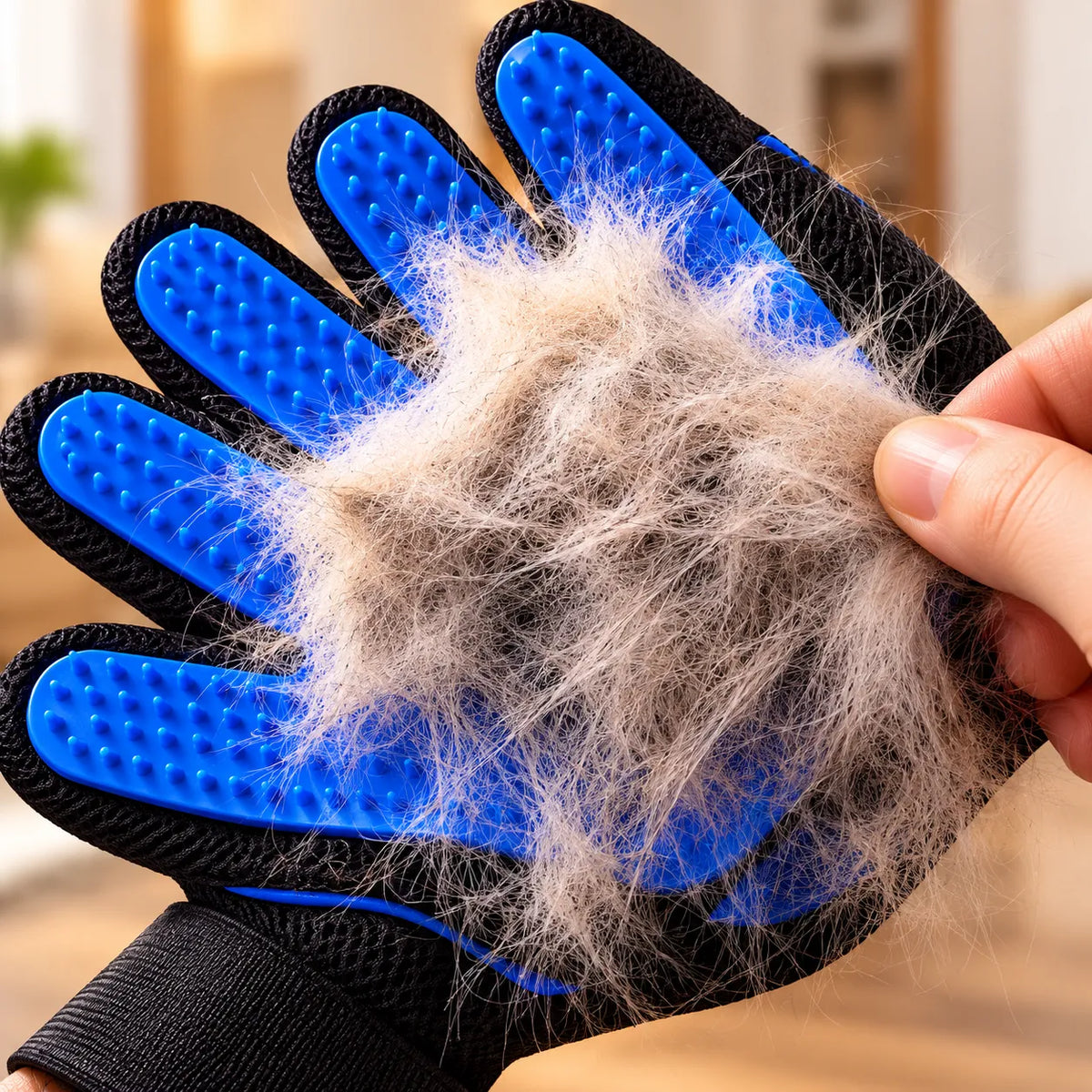 Touffe de poils morts récupérée sur la paume du gant de toilettage GantouPet